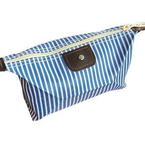 Blue & White Striped Canvas Zippered Pouch Travel Organizer Bag, Toiletries Case